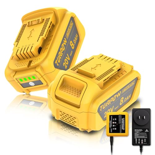 TURPOW New Model 2 Pack 8.0Ah Replacement Battery and Charger for Dewalt 20V Max Batteries DCB200 DCB205-2 DCB206 DCB204 DCB203 DCB208 Compatible with Dewalt 20V Cordless Power Tools