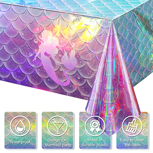 3Pcs Mermaid Iridescence Plastic Tablecloths,Mermaid Laser Table Cloths Holographic Foil Disposable Table Cover For Girls Birthday Wedding Disco Holiday Mermaid Themed Party Decorations 54 X108 Inch #TOP2