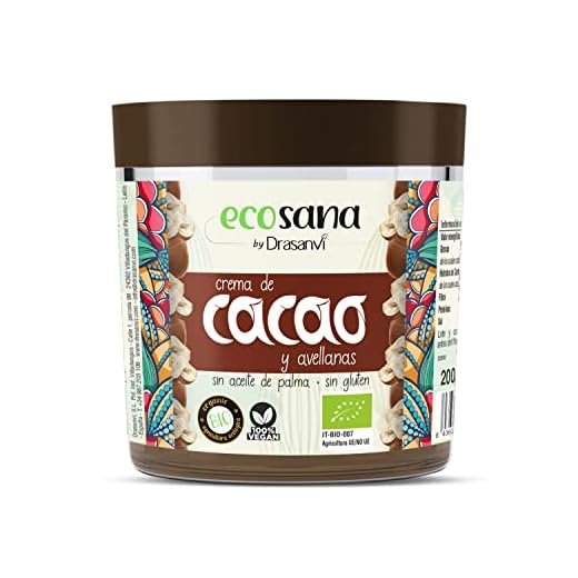 ECOSANA CREMA DE CACAO Y AVELLANAS CERTIFICADO BIO by DRASANVI - Ingredientes de procedencia ecológica - SIN aceite de palma - VEGANO - SIN GLUTEN - 200g