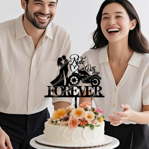 YUINYO Mirror acrylic Motorcycle Wedding Cake Topper Ride With Me Forever Cake Topper Motorcycle Theme Wedding/Anniversary/Bridal Shower Party Decorations