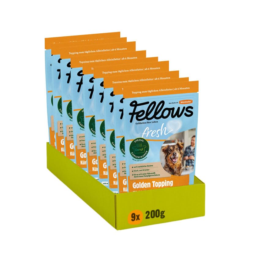 Fellows Golden Topping für Hunde - Ergänzungsfuttermittel mit Kürbis, Süßkartoffel, Kurkuma, vegetarisch, fördert Flüssigkeitsaufnahme, Vitaminboost, als Hunde EIS geeignet, Barf-geeignet, 9 x 200 g