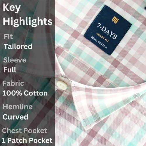 Image of 7-DAYS Men's Premium Check Shirt - 100% Cotton, Tailored Fit (Between Slim & Regular), Full Sleeve, with Pocket - Smart Office & Casual Look