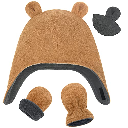 Sarfel Baby Winter Hat and Mitten Set, Unisex, Toddler, Bear Ears, Brown/Grey, Polyester, Polar Fleece, Hook and Loop Closure, Winter Accessory, Baby Hats and Mittens Set