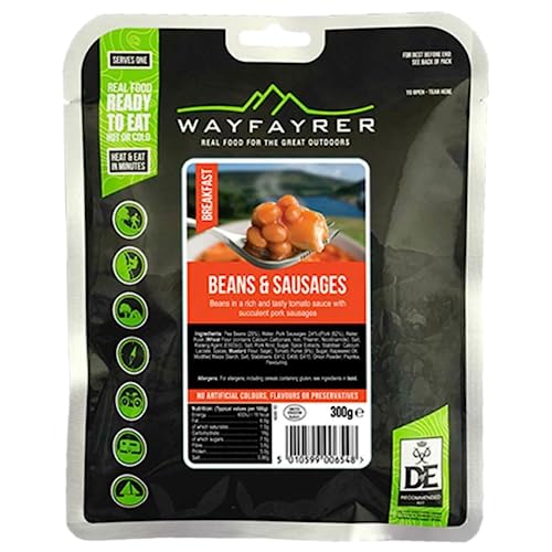 Wayfayrer Sausage & Beans 300g Ready to Eat Hot or Cold Meal Pouch Recommended for Duke of Edinburghs Award Expeditions Camping Hiking Fishing and Outdoor Adventures