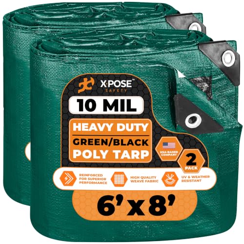 Image of Heavy Duty Poly Tarp - 6' x 8' (2-Pack) - 10 Mil Thick Waterproof, UV Blocking Protective Cover - Reversible Green and Black - Laminated Coating - Grommets - by Xpose Safety