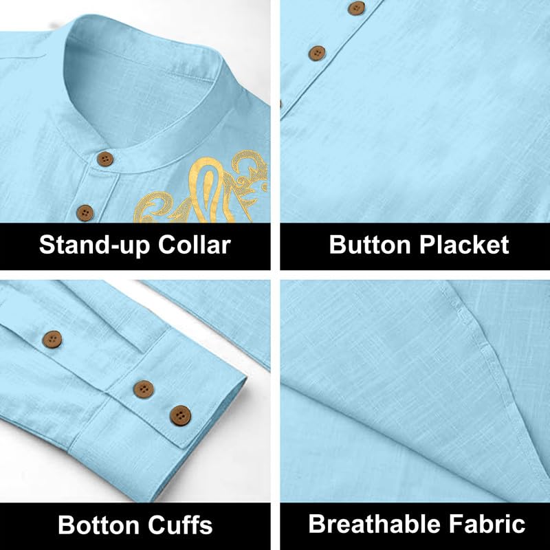 Image of Cotton Blend Self Design Printed Casual Short Kurta for Men Long Sleeve Mandarin Collar Stylish Kurta Shirt for Men