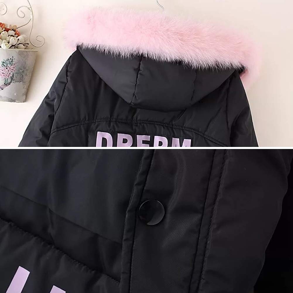 Niñas Abrigo Acolchado de Invierno con Capucha de Pelo Chaqueta Caliente de Algodón con Estampado de Letras