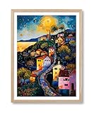 HesenDot Night Village Framed Wall Art,12x16in Gustav Klimt Style Canvas Print,Vibrant Starry Landscape Poster Wall Decor for Living Room Bedroom Study Home Office, 1 Pack