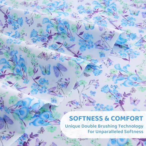 Image of Mooreeke Cozy Floral Microfiber Printed Queen Sheet Set - Soft & Breathable Blue Purple Floral Bed Sheets with Deep Pocket - Non-Slip Fitted Design - Blue Purple Flowers Pattern - Queen
