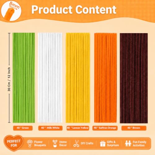 Image of YUNAMI Chenille Stems for DIY Flower Making - 200 Pcs Pipe Cleaners with Floral Wire, Tape, Stamen & Pearls - Premium Bouquet Supplies for Home Decor & Gifting (200, Yellow)