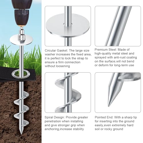 Image of Eurmax USA Ground Anchors Screw in Trampoline Anchors High Wind Tent Stakes Heavy Duty Ground Stakes Trampoline Stakes Anchor Kit Set of 4 Bonus 4 Strong Belt (Silver)