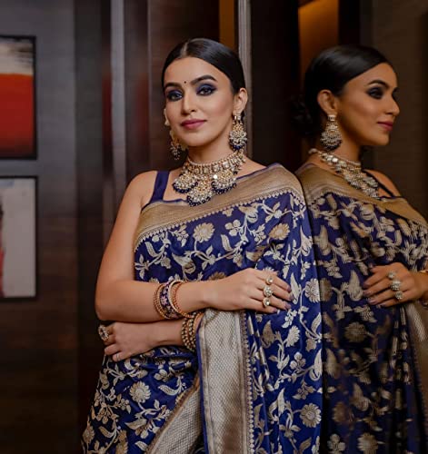 Image of Flosive Women's Present Banarasi Soft Lichi Silk Saree Beautiful Jacquard Rich Pallu Design Work Zari Woven Ayn Kanjivaram Silk Style Saree With Soft Lichi Silk Blouse Piece (Dark Blue)