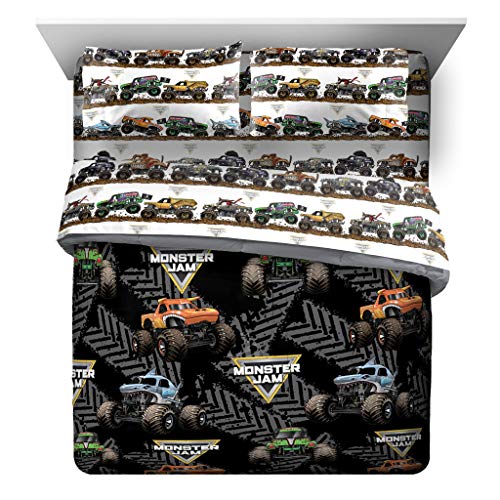 Image of Jay Franco Monster Jam 5 Piece Queen Bed Set - Includes Comforter & Sheet Set - Grave Digger & Megalodon - Super Soft Fade Resistant Microfiber | Grave Digger Megalodon, Comforter Sheets Pillowcases, Official Product, Soft Microfiber, Machine Washable, Boys Gift