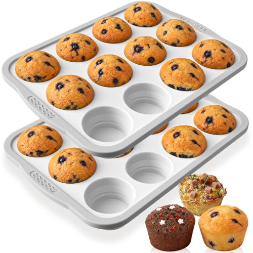 Hybemmy 2 Pack Silicone Muffin Pan for Baking with Metal Reinforced Frame Foldable 12 Cup Regular Size Nonstick Cupcake Pan Muffin Tray for Baking Dishwasher Safe Egg Bite Molds for OvenWhite