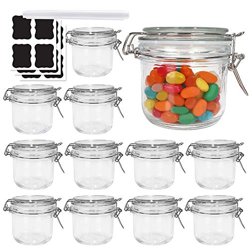5 oz Clear Glass Jars With Airtight Lids and Leak Proof Rubber Gasket,Wide Mouth Storage Containers, Mason Jars With Hinged Lids For Kitchen Canisters, Set of 12. Include 1 Pen and 16 Chalk Labels.