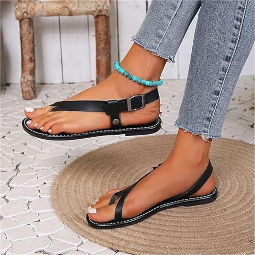 Yytcsjz Women's Sandals, Comfortable Summer Dressy Flat Sandals, Plain Straight Line with Metal Buckle Flat Flip Flops, with Arch Support for Pain Relief Bunion Symptoms4
