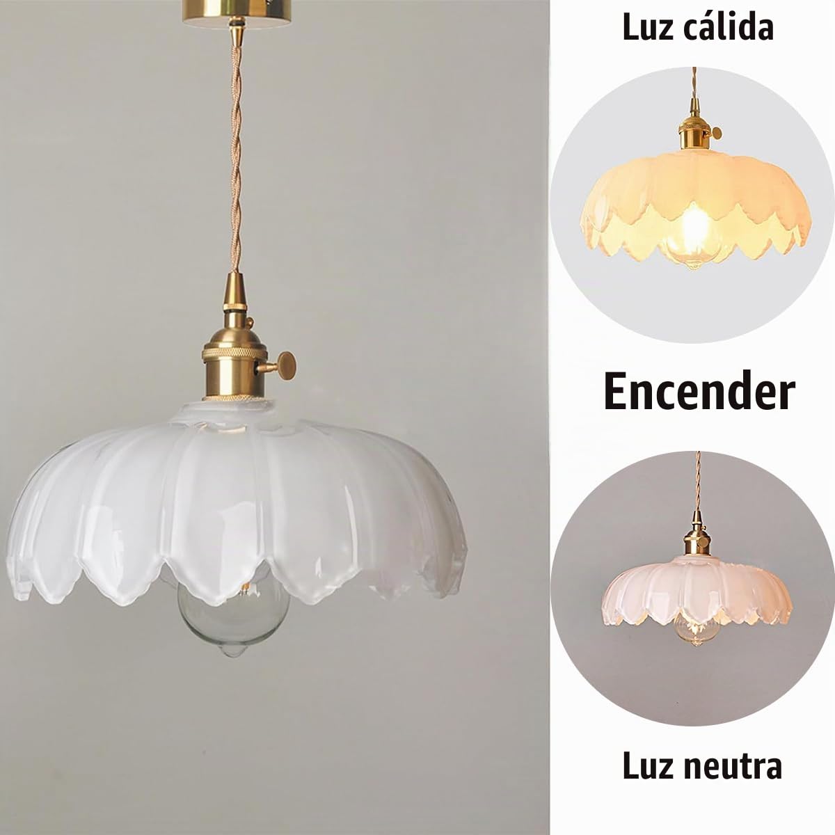 Lámpara colgante de cristal de loto, iluminación Industrial Vintage de 25cm, lámpara colgante de luz, lámpara colgante de techo con acabado de latón E27 (Blanco)