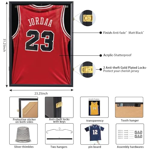 Image of Jinchuan Jersey Frame Display Case Large Frames Shadow Box Lockable with UV Protection for Baseball Basketball Football Soccer Hockey Sport Shirt Black