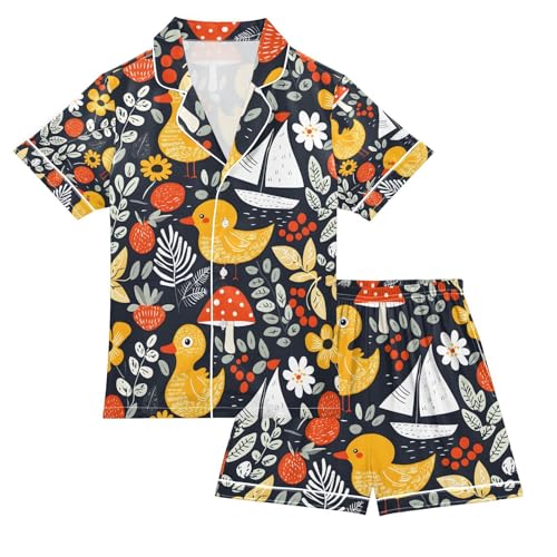 senya Funny Duck with Mushroom Satin Summer Pajama Sets Silk Short Sleeve Button Down Sleepwear