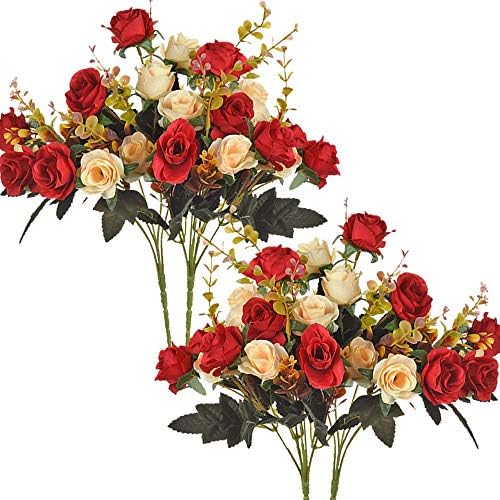 Moomass Artificial Flowers. 4 Bunches of Artificial Roses. 48 Small Roses. Plastic Silk Flower, Suitable for Plant Decoration of Family Hotel Wedding Christmas Office Table.（red）…