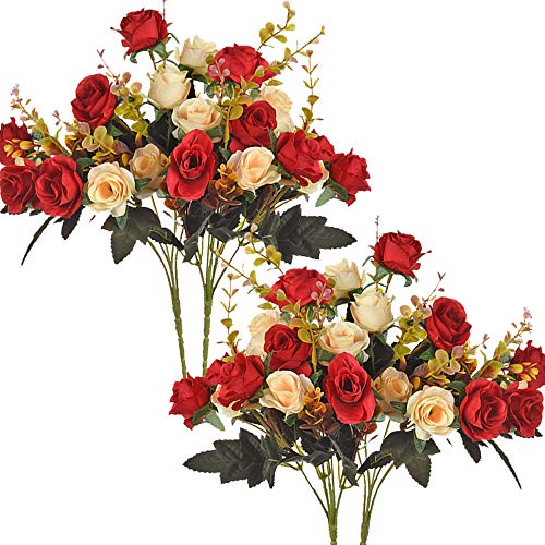 Moomass Artificial Flowers. 4 Bunches Of Artificial Roses. 48 Small Roses. Plastic Silk Flower, Suitable For Plant Decoration Of Family Hotel Wedding Christmas Office Table.（Red）… #TOP3