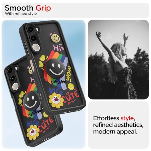 Image of Pikkme Back Cover for Realme C100x | Soft Silicone| Cute Rainbow Smile & 3D Cartoon Flower Design | Shockproof Raised Camera Protection Bumper Case (Black)