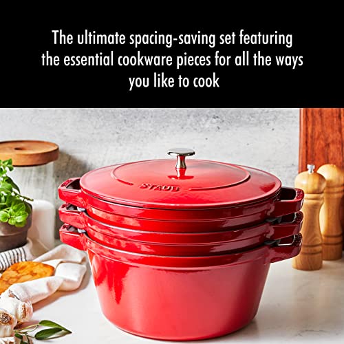 STAUB Cast Iron Set 4-pc, Stackable Space-Saving Cookware Set, Dutch ...