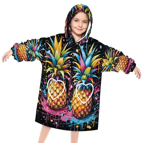 Pardick Wearable Blanket Hoodie for Kids, Attractive Pineapple Fleece Sweatshirt Blanket Oversized Blanket Sweatshirt with Pocket Flannel Warm Hooded Blanket 6-10 Year Old Girl Boy Gift, One Size