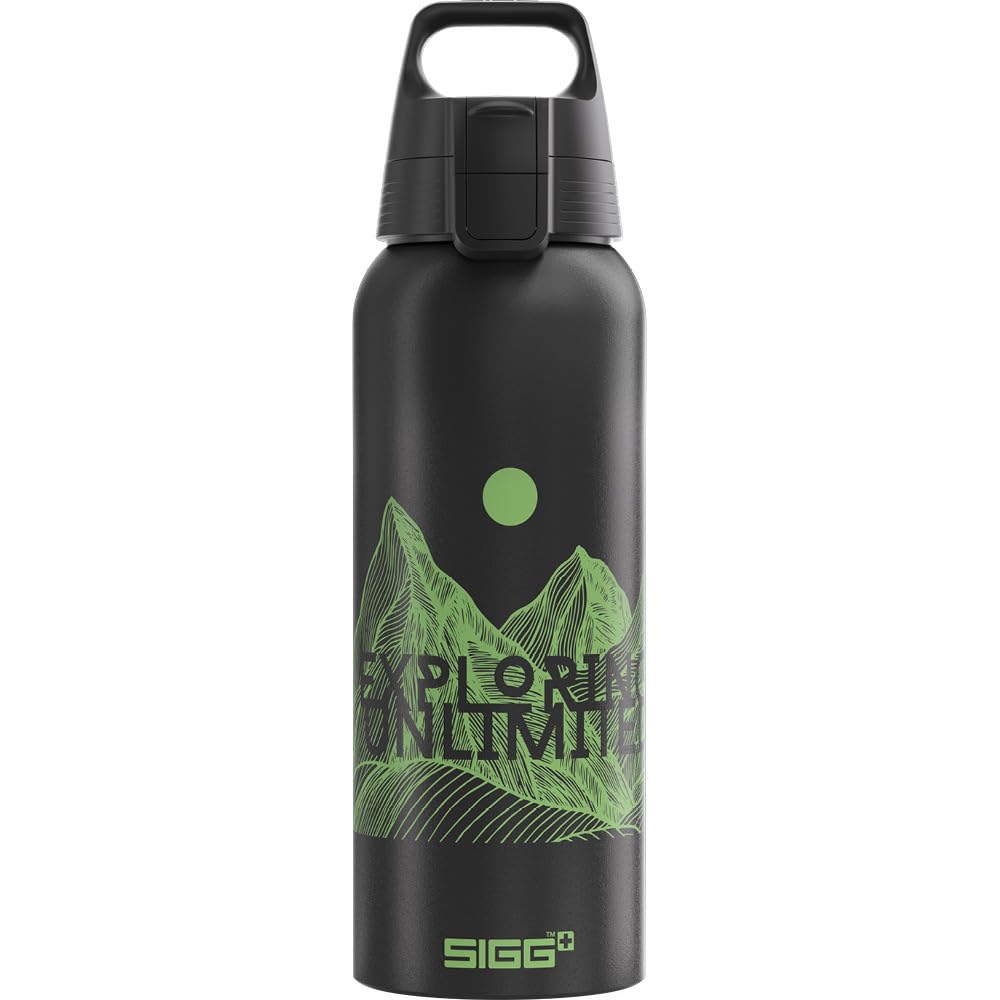 Sigg - Aluminium Water Bottle - WMB Pathfinder Black - Climate Neutral Certified - Suitable For Carbonated Beverages - Leakproof - Lightweight - BPA Free - Black With Design - 1L