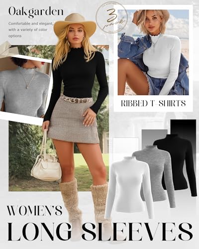 3 Pack Women's Cotton Long Sleeve Mock Turtleneck Tops Ribbed Lettuce Trim Slim Fit Shirts Thermal Base Layer2