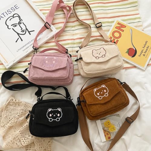 Corduroy Crossbody Bag for Women Cute Bear Patterned Crossbody Bag Kawaii Purse Bag 7