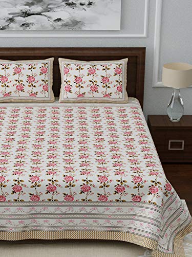 Image of LIVING ROOTS Ethnic Rajasthani /Jaipuri /Sanganeri Block Print 100% Cotton Super King Size 100 * 108 Bedsheet with 2 Pillow Covers (50A)