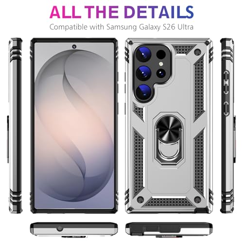 Image of for Samsung Galaxy S26 Ultra Case with Screen Protector, Heavy Duty Military Grade Shockproof Rugged Protective Cover for Samsung S26 Ultra Phone Case with Metal Ring Magnetic Kickstand (Silver)