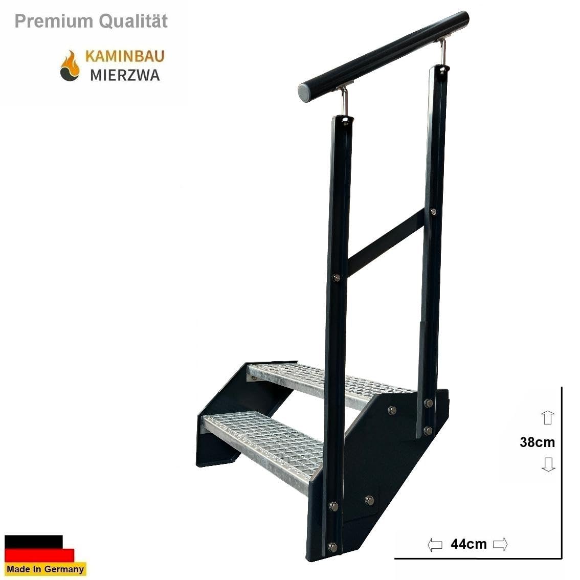 Premium Stahl Treppe mit Geländer Rechts/Wangen und Geländer Anthrazit RAL 7016/2 Stufen verzinkt (Breite 1200 mm) (Höhe 38 cm) Wetterfest Gitterroststufe Gartentreppe