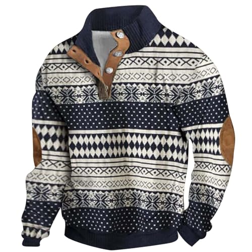 Generisch Jersey noruego para hombre con cuello alto - Jersey de punto clásico con tira de botones | Troyer invernal con parches en los codos, Style_q01 Blue, XXL
