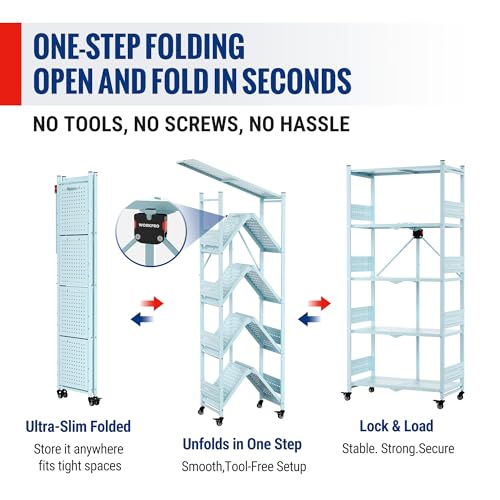 Image of WORKPRO 5-Tier Folding Shelf, No-Assembly Metal Storage Rack with Wheels, 750 lbs Capacity (with Leveling Feet), Collapsible Shelving Unit for Kitchen, Pantry, Closet & Craft Shows - Blue