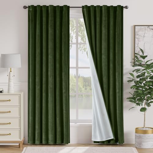 Image of Blackout Moss Earthy Curtains Luxury Back Tab 52x84 Inch 2 Panels | Soft Velvet, Room Darkening, Lined, For Bedroom & Living Space, Light Shifting Texture, Elegant Drape, Calm