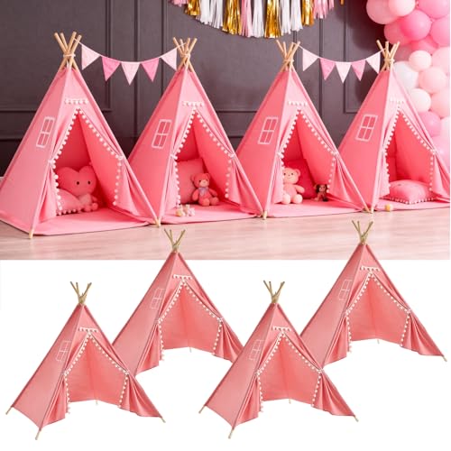 4 Pack Teepee Tent for Kids Slumber Party, Cotton Playhouse Tipi Sleepover Tent with Pompom & Lights for Girls & Boys Movie Night Birthday Party Supplies