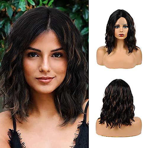 Wavy Bob wig Synthetic Lace Front Wig Shoulder Length Wigs for Women Cosplay Wigs for Daily (14 Inch, Brown mix Blonde)