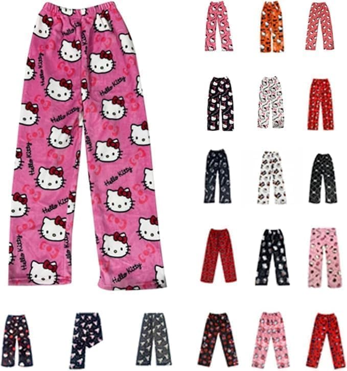 Pyjama Hose Damen Mädchen Kinder Schlafanzug Flanell Lang Casual Bequeme Frauen Schlafanzughosen Cute Kawaii Y2K Cartoon Anime Pyjamas Schlafhose Hosen Weich Sommer Weihnachten Halloween Rosa 150