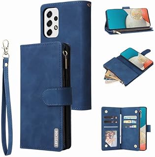 LBYZCASE for Samsung Galaxy A53 5G(2022) Case with Card Holder,Durable Luxury Magnetic Folio Flip Leather Zipper Pocket Wrist Strap Kickstand Women Men Case Cover for Galaxy A53 5G/A53 5G UW-Blue