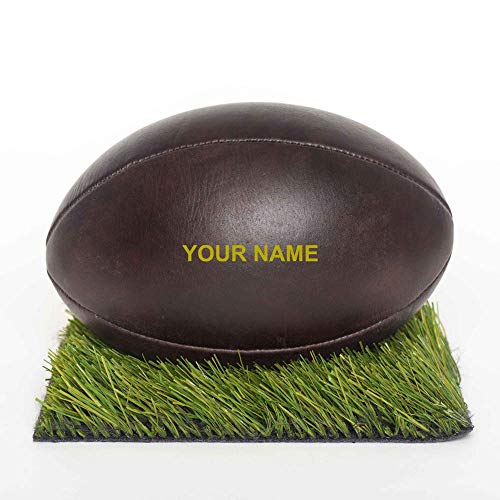 BALLDESIGNER - Ballon de Rugby Vintage - Cuir de Vachette Véritable - Qualité Supérieure - 4 Panneaux Cousus Main - Personnalisable à Votre Prénom - Marron Foncé - Taille 5