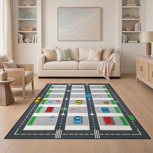 ODIKA 5'x7' Grey Hopscotch Road Track Paths Washable Area Rug