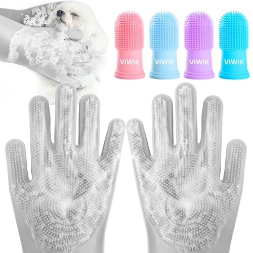 VIWIK Dog Bath Gloves with 4Pack Dog Toothbrush, Dog Grooming Kit, Dog Finger Toothbrush for Small Breed, Medium Large Dogs, Silicone Dog Washing Gloves with High-Density Teeth, Grey