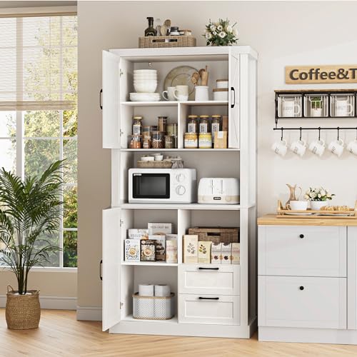 HOSTACK-76-Tall-Farmhouse-Kitchen-Pantry-Cabinet-Kitchen-Hutch-Bar-Cabinet-with-Drawers-Shelves-Large-Wood-Storage-Cabinet-with-Barn-Doors-Microwave-Stand-Cupboard-for-Dining-Room-White HOSTACK 76 Tall Farmhouse Kitchen Pantry Cabinet Kitchen Hutch Bar Cabinet with Drawers Shelves Large Wood Storage Cabinet with Barn Doors Microwave Stand Cupboard for Dining Room White