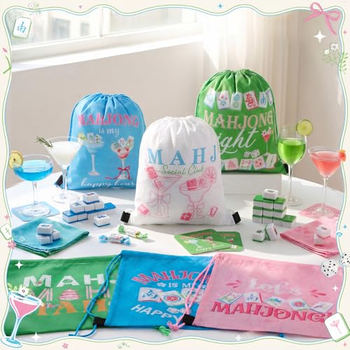 Image of Honoson 16 Pcs Mahjong Drawstring Backpack Mah Jong Goodie Bags Mahjong Themed Gift Bags Drawstring Backpack Party Favors Snack for Lover Player Mothers Birthday Party Supplies Lucky Mah Jong Decor