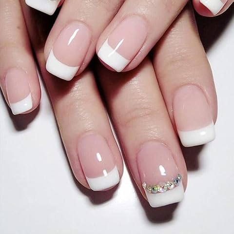 24PCS Stick on Nails Short False Nails Fake Nails, French Fake Nails Stick on with Nail Adhesive, False Nails Short Press On Nails, Acrylic Nails for Women (short with drill) Cover