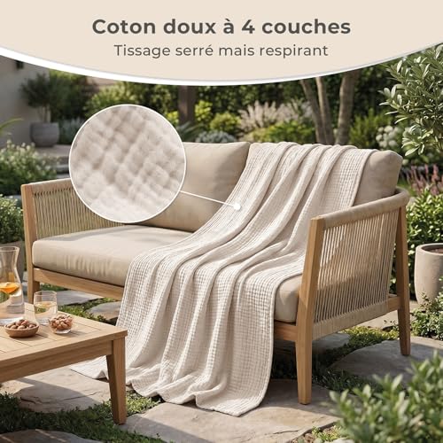 LAYNENBURG Premium Plaid canape Grande Taille en Mousseline 100% Coton – Couvre lit Respirant 4 Couches, Plaid Grande Taille, Jeté de canapé - Couverture légère 150x200 cm de Creme – vue 7