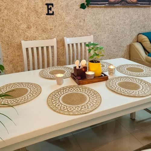 Image of Jute Cotton Round Table Mats Set of 6 - Dining Table mat 6 Pieces Waterproof, Elegant and Durable for Dining Table (Beige Ultimate)
