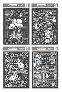 Flower Stencils for Craft - Ledger Poppy & Flower Collage, Bird Song, Bits n Pieces - Size: A4(4Pcs) - Stencils Bundle Pack - Bird Stencils for Painting - Script Word Stencils for Painting